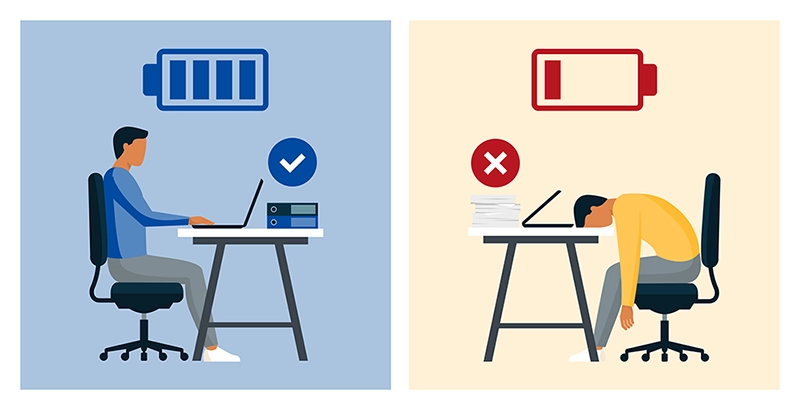 satisfied-happy-employee-working-productively-at-computer-versus-stressed-employee-burned-out-slumped-over-computer-desk