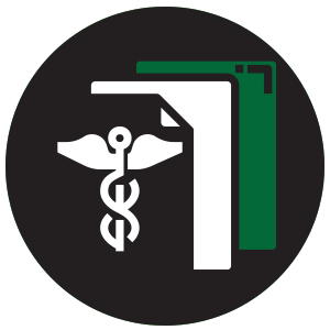 The medical symbol displayed on a black page with white and green pages layered behind it icon