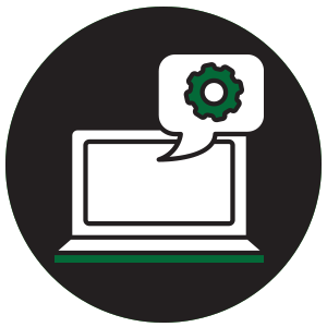 Laptop with a communication bubble containing a gear icon