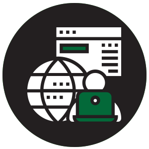 A person working on a laptop with a globe and website displayed behind them icon