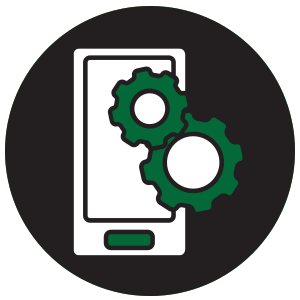 Cell phone behind two green gears icon