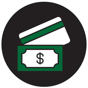 A dollar bill on top of a credit card icon