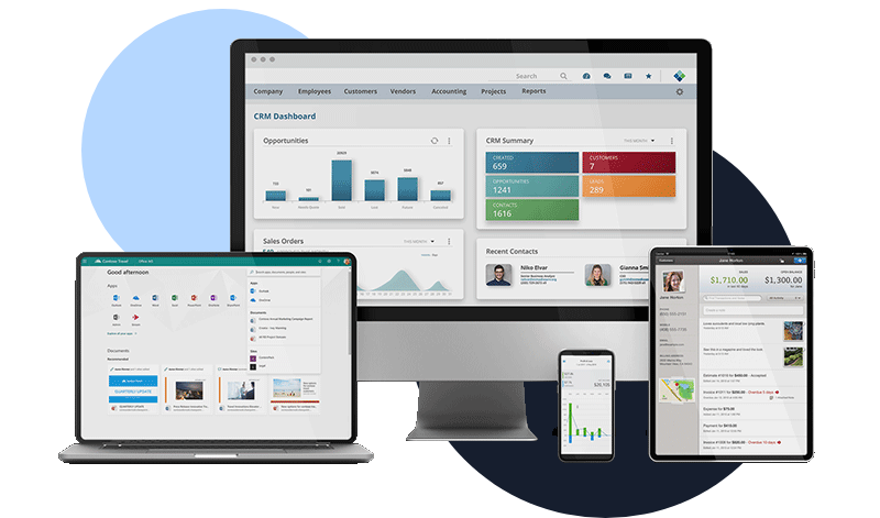 Business metrics displayed in charts and graphs on a desktop, laptop, tablet, and smartphone