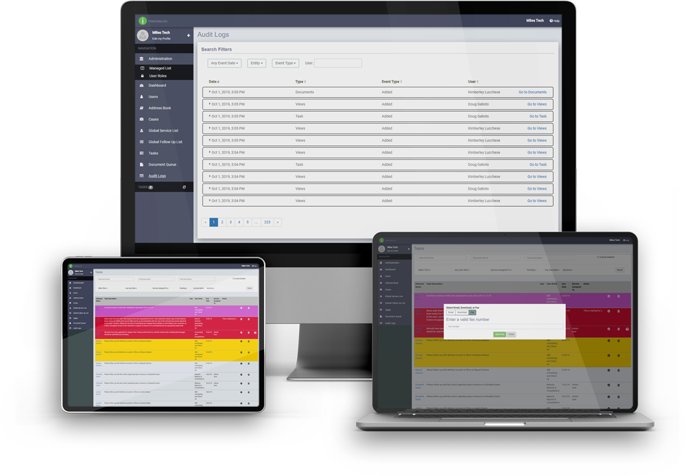 Desktop, laptop, and tablet screens showing custom software