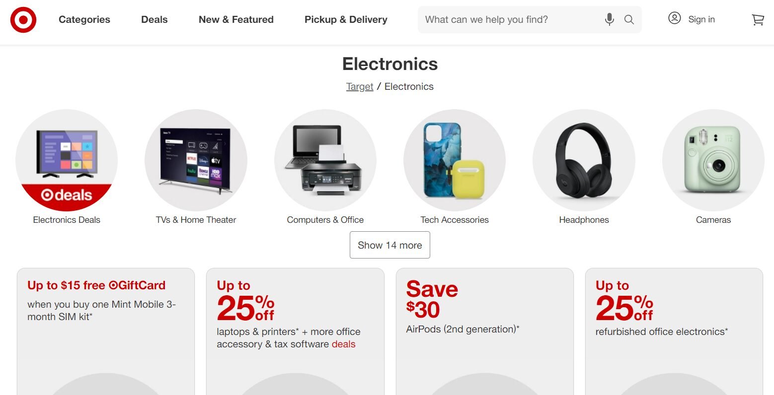 Desktop view of Target website with a widescreen view and large navigation